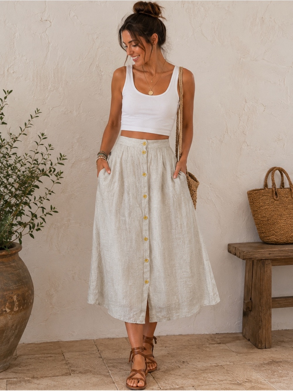 Flax Vintage 100% Linen Beige‎ Button-Down Midi Skirt